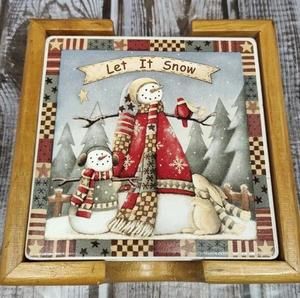 Drinking Stone Drink Coasters "Let It Snow" Snowman Design EUC